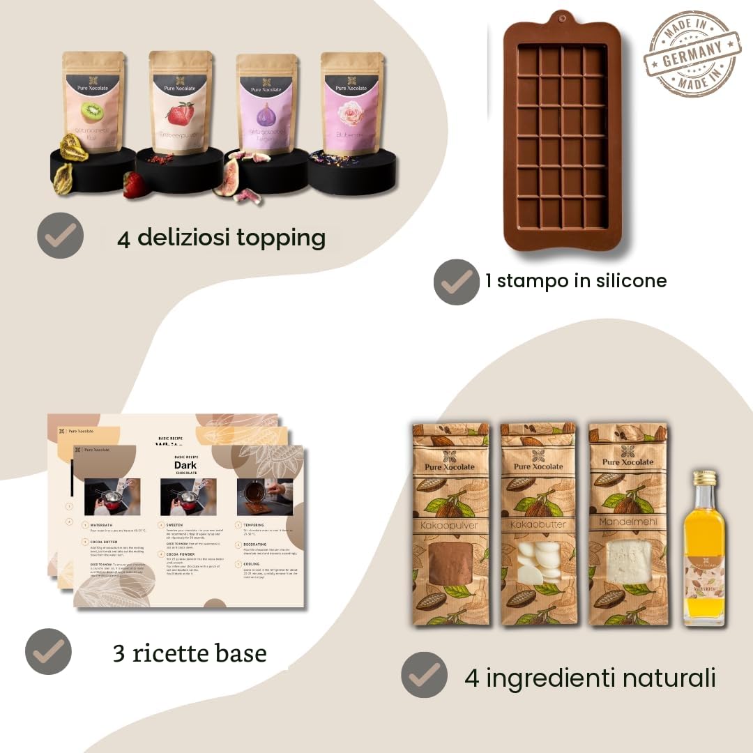 Pure Xocolate Kit cioccolato fai da te – Set per fare il cioccolato – alternativa vegana senza lattosio – idee regalo al cioccolato per bambini, donne e uomini – con stampo in silicone e ricette