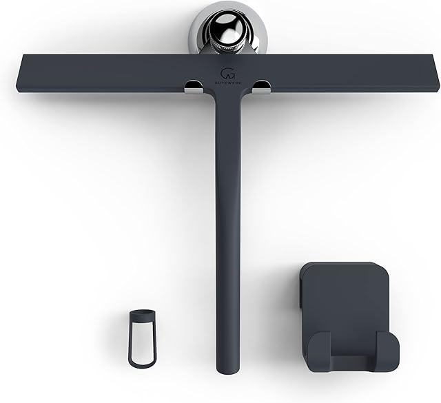 GÜTEWERK shower squeegee black 11 in - incl. chrome suction cup hook - stainless steel core - silicone rubber squeegees for bathroom cleaning - window screen wiper cleaner glass scraper blade showers