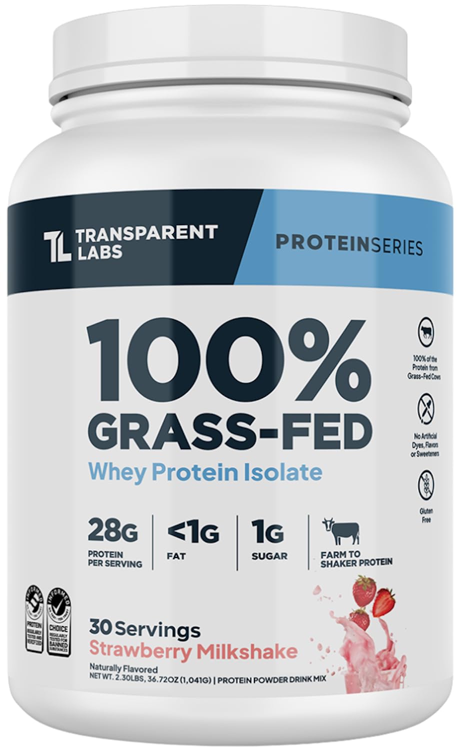 Transparent Labs Grass-Fed Whey Protein Isolate - Natural Flavor, Gluten Free Whey Protein Powder w/ 28g of Protein per Serving & 9 Essential Amino Acids - 30 Servings, Strawberry Milkshake