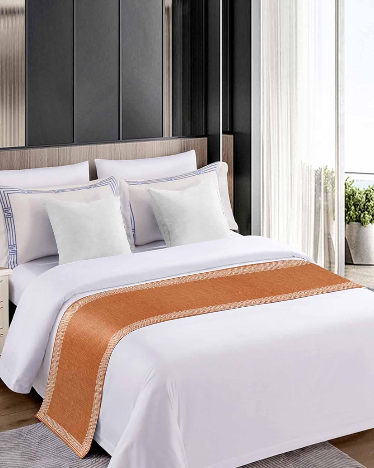 Warm Orange Retro Greek Key Bed Runner for King Size, Farmhouse Hotel Bed Scarf, Geometric Greece Ancient Farmhouse Decorative Beds Throws of Foot Bedding Runners & Scarves for Bedroom, 94 x 20 Inch