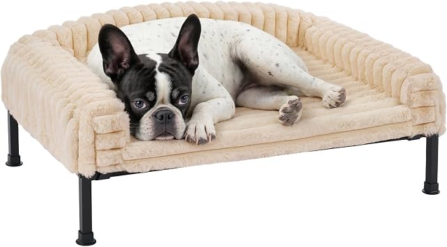Veehoo Elevated Dog Bed with Bolster Cushion, Fluffy Plush Dog Couch Beds for Small Dogs, Cats, Washable Raised Pet Cot with Non-Slip Feet for Indoor or Patios Use, 24 x 18 Inches, White