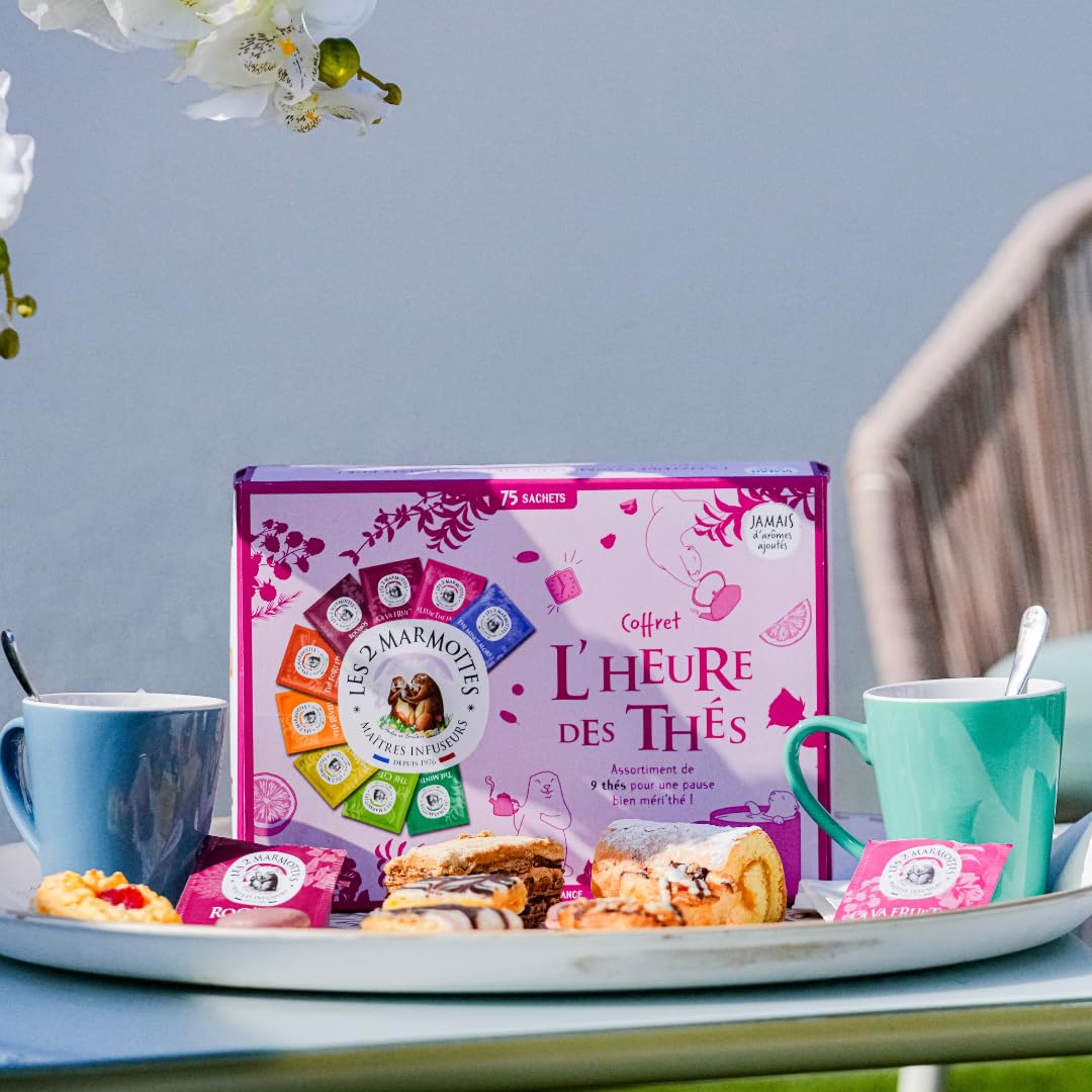 Les 2 Marmottes - Coffret L'Heure des Thés 75 Sachets - 9 Thés et Rooibos BIO - Idéal En Cadeau - Petit Déjeuner et Energisant - Made In France - Sans arômes ajoutés - 127g
