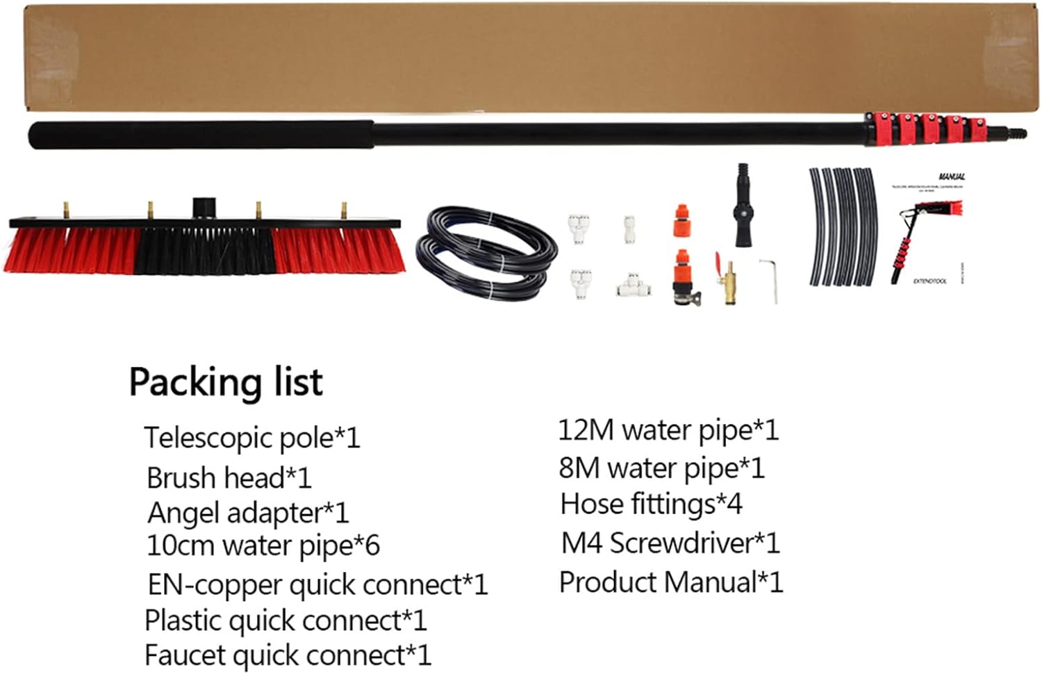 12-36ft Window Cleaning Pole, Water Fed Telescopic Brush, Extendable Photovoltaic Panel Cleaning Brushes, Solar Panel Cleaning Brush Can Spray Water,30ft/9m-35cmBrushhead