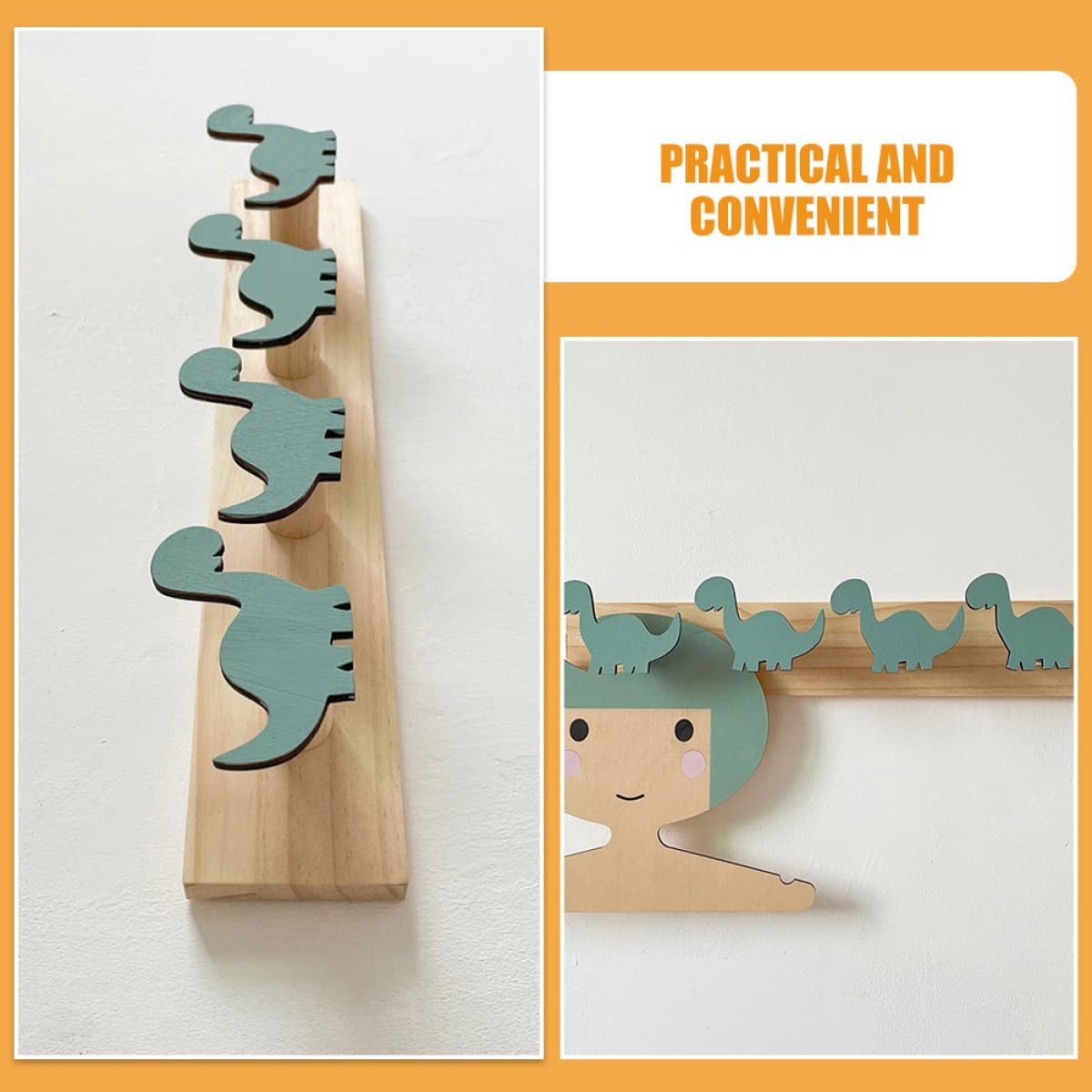 NUOBESTY Dinosaur Coat Hooks Wall Mounted Scandinavian Style Wooden Multi-Functional Wall Storage Hooks for Bedroom Entryway 2pcs Soft Green