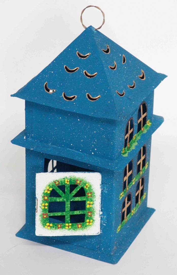 E+N Deko Lantern house made of tin blue, H x W x D: 34 x 15 x 15 cm, for standing, with tea light holder.
