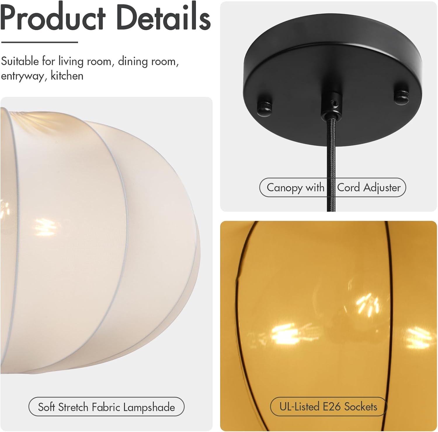 24 Inch Modern Chandelier with Stretch Linen Shade, Adjustable Height Pendant Light for Dining Room, Kitchen Island, Living Room, and Entryway Ceiling Light Fixtures