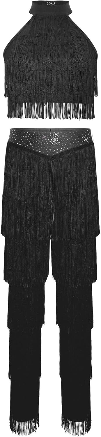 ranrann Kids Girls Fringe Latin Dance Outfit Halter Crop Top and Tassel Pants 2 Piece Set Rumba Samba Dancewear Black 10 Years
