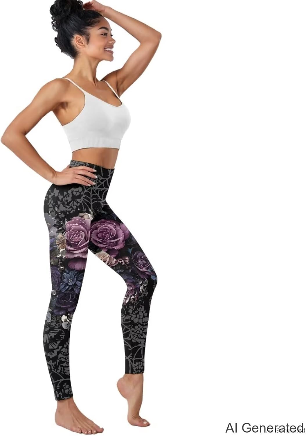 Gothic Yoga Leggings for Women Full Length with Side Pockets,Rose Plus Size High Waist Pants for Lounging and Light Exercises