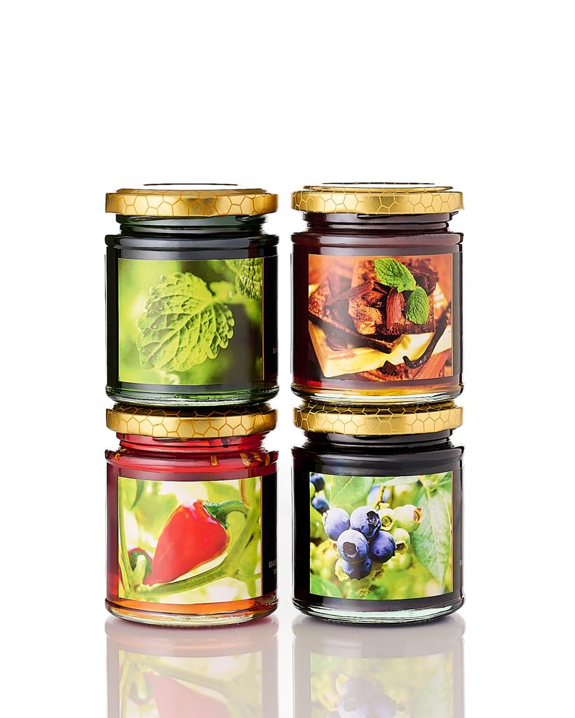 Caravella Fine Food - Set de degustación/Set de regalo x 4 - Miel de Acacia con Chile 250 gr Miel de Acacia con Menta 250 gr Miel de acacia con Arándanos 250 gr Miel de Acacia con Chocolate 250 gr