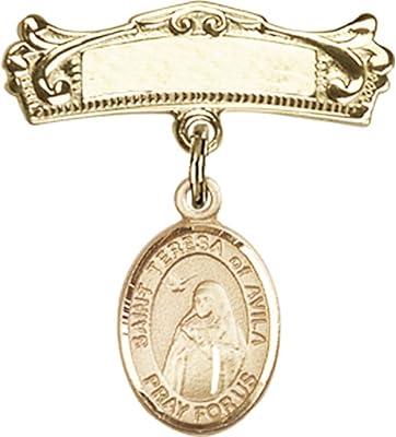 14kt Yellow Gold Baby Badge with St. Teresa of Avila Charm and Arched Polished Badge Pin 7/8 X 3/4 inches
