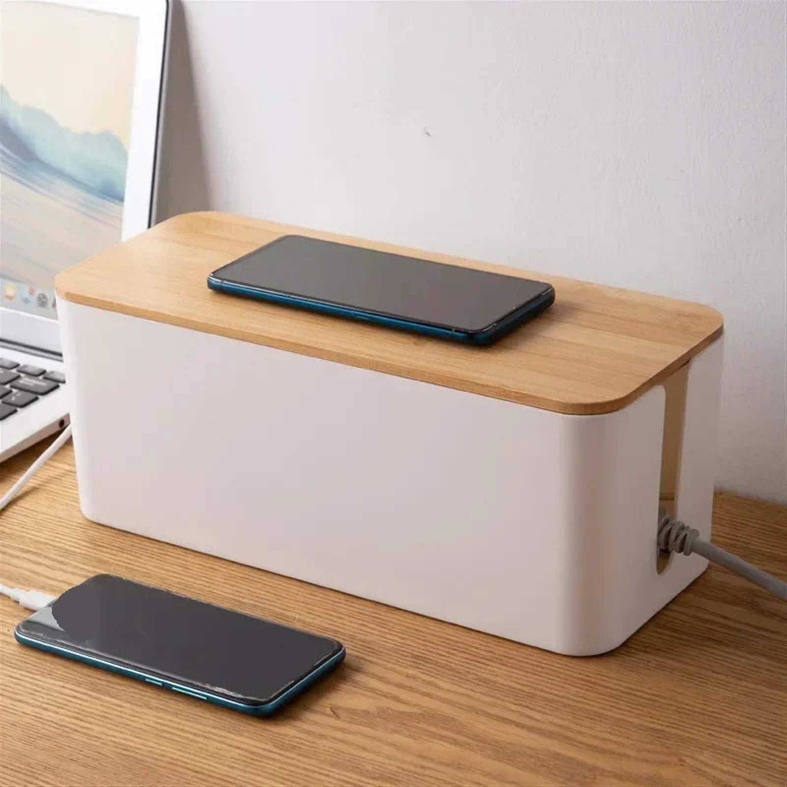 Kabelmanagementbox Draht Box Bambus Holz Abdeckung Kabel Management Board Lagerung Netzkabel Kreative Einfache Ladegerät(M-Black)