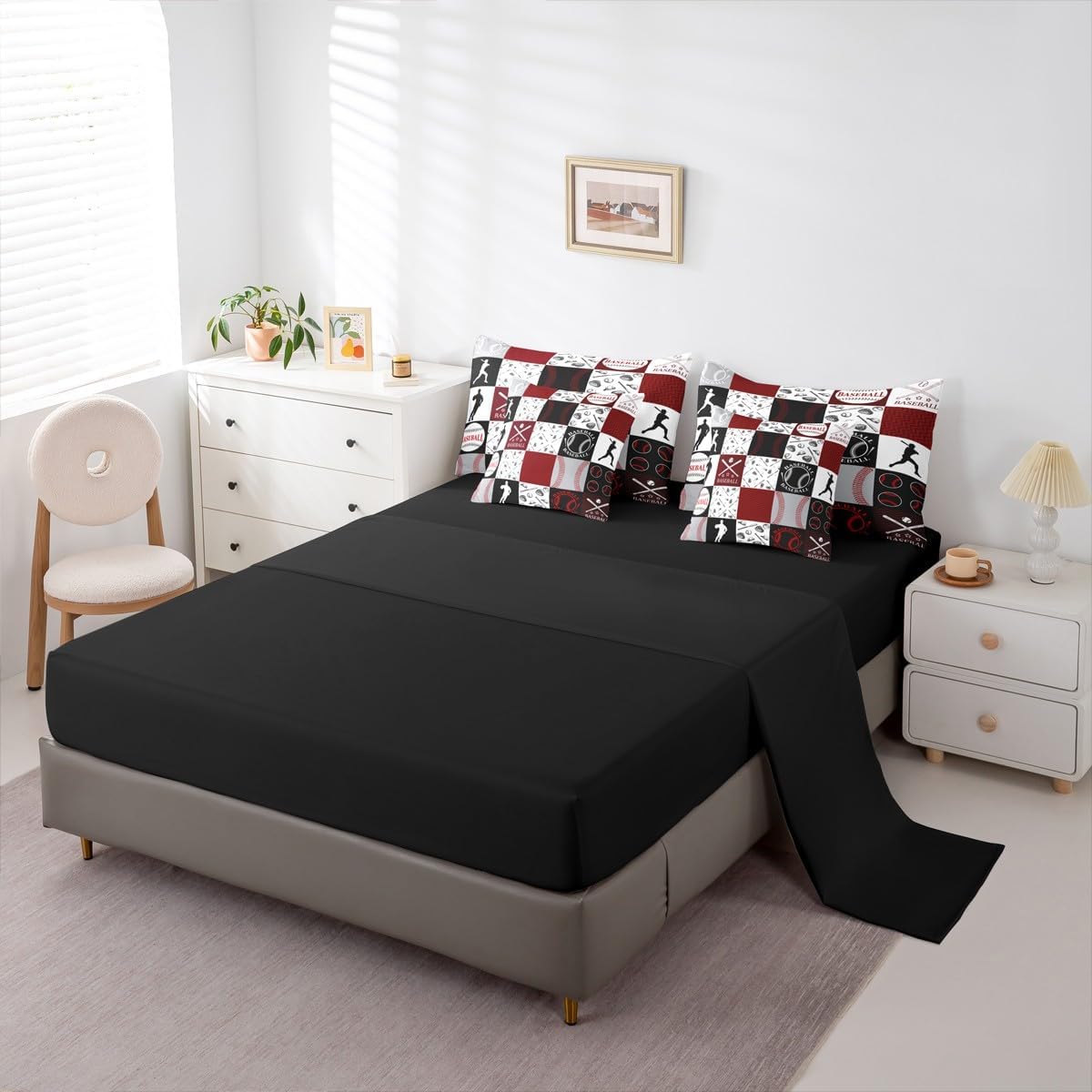 Feelyou Baseball Comforter Set with Sheets 7 Piece Twin Size Sports Geometric Grid Red Bedding Set for Kids Boys Girls Patchwork Baseball Bed in a Bag Room Decor Soft Lightweight Microfiber