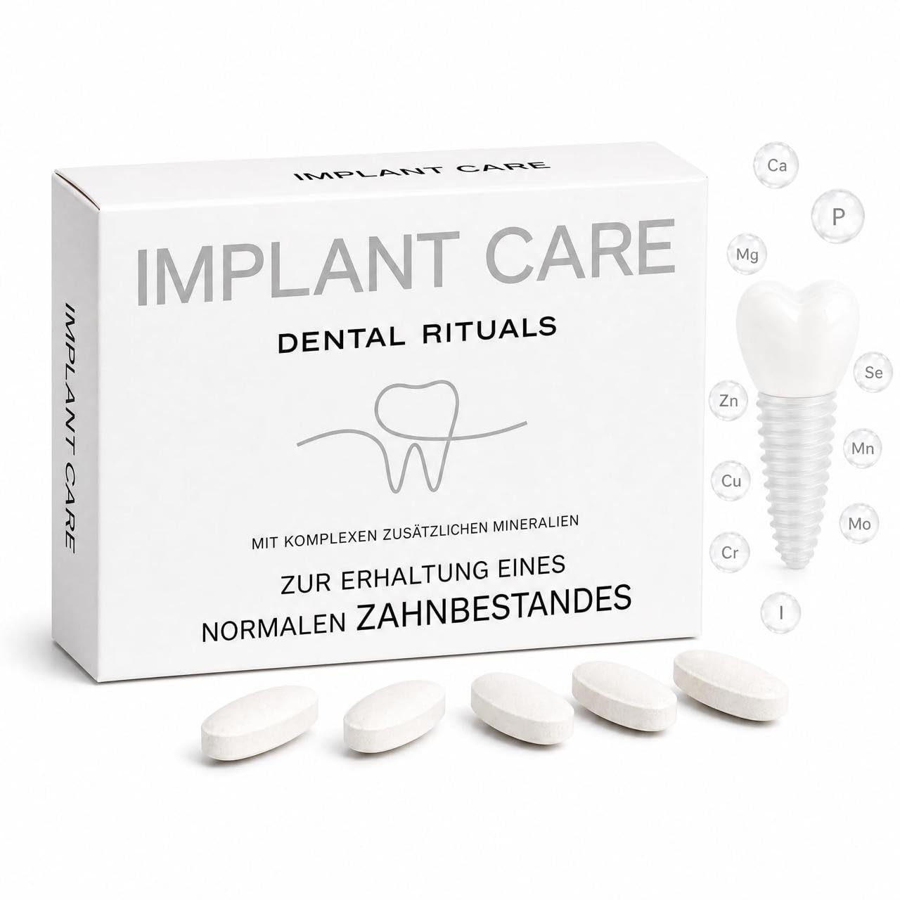 Implant Care, Nahrungsergänzung mit Mineralstoffen für normale Zähne & Knochen, mit Calcium, Magnesium, Zink & Spurenelementen, 1 Tablette täglich, leicht zu schlucken, 30 Stück
