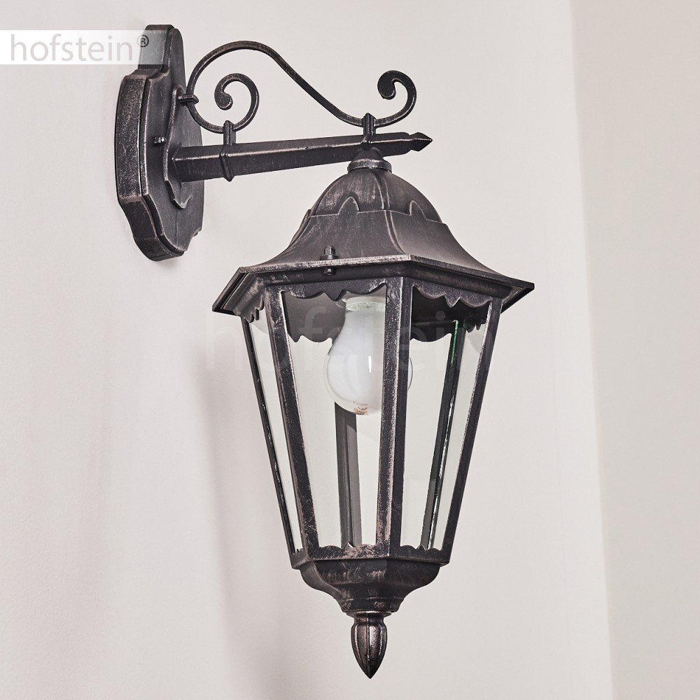 Aplique de exterior Lignac, lámpara de pared hacia abajo de aspecto antiguo, fundición de aluminio en negro/plata, cristales, E27, lámpara de exterior retro/vintage para terraza y patio, sin bombillas