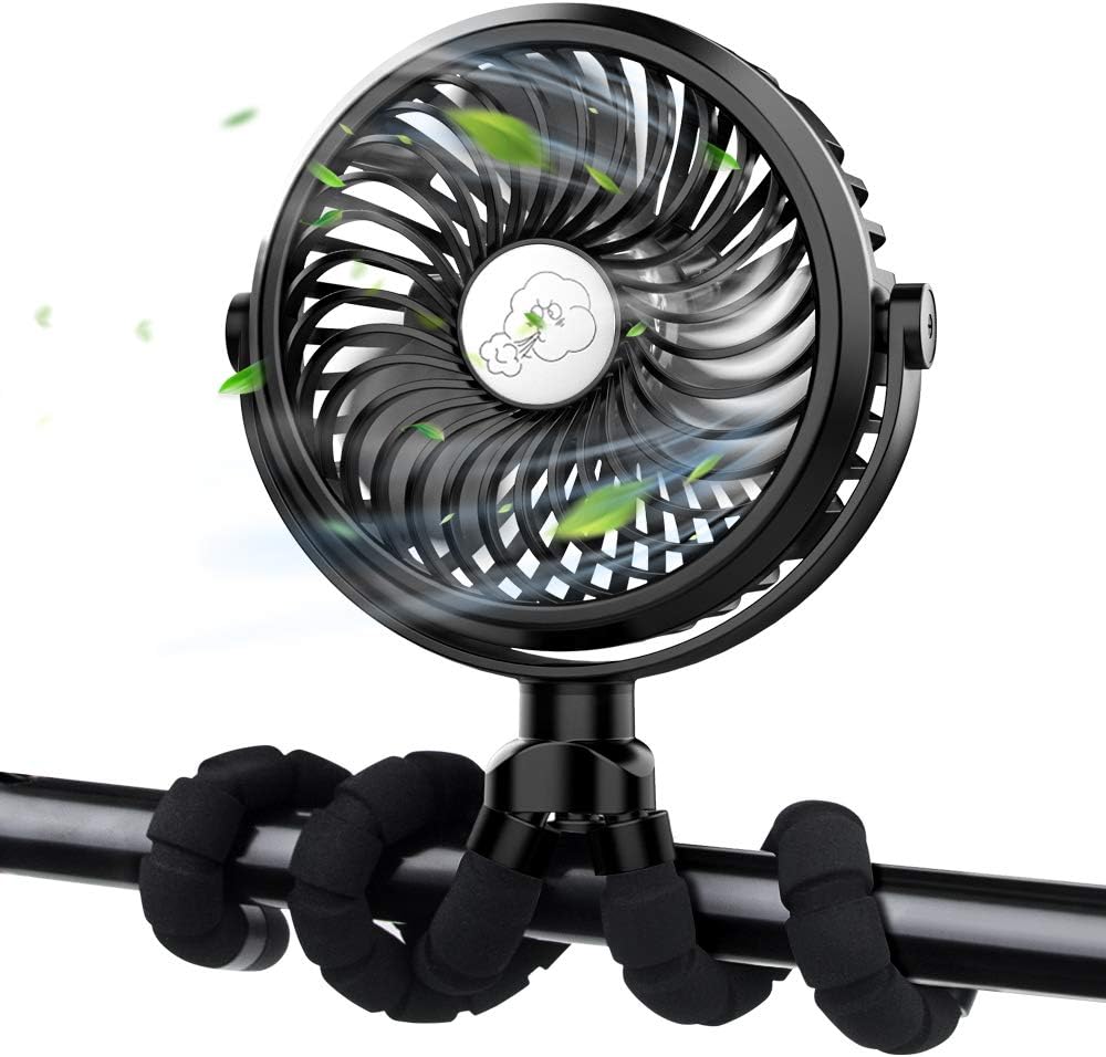 FITA Stroller Fan, Portable USB Rechargeable Fan Mini Handheld Fan with Flexible Tripod & LED Lights, 3 Speed Settings, Personal Fan for Bike/Baby Stroller/Car Seat/Office (Black)