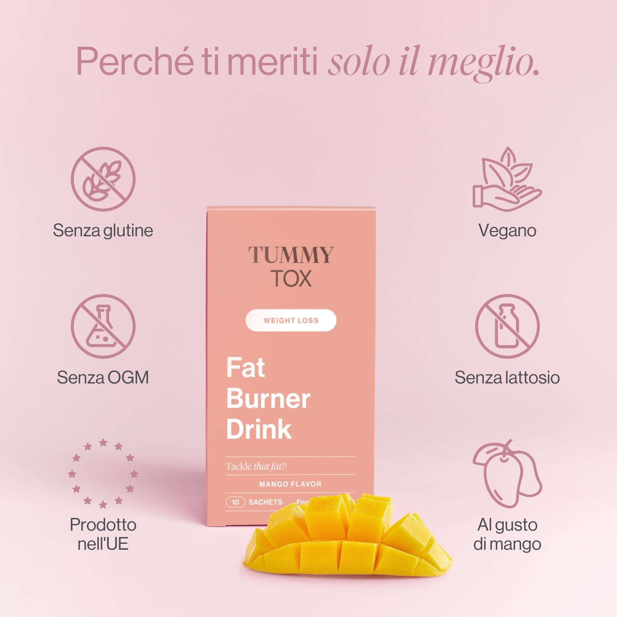 Fat Burner Drink - L-Carnitina, Guaranà ed Estratto di foglie di Mate verde - Bevanda al gusto di Mango - 30 bustine per 30 giorni, Tummy Tox