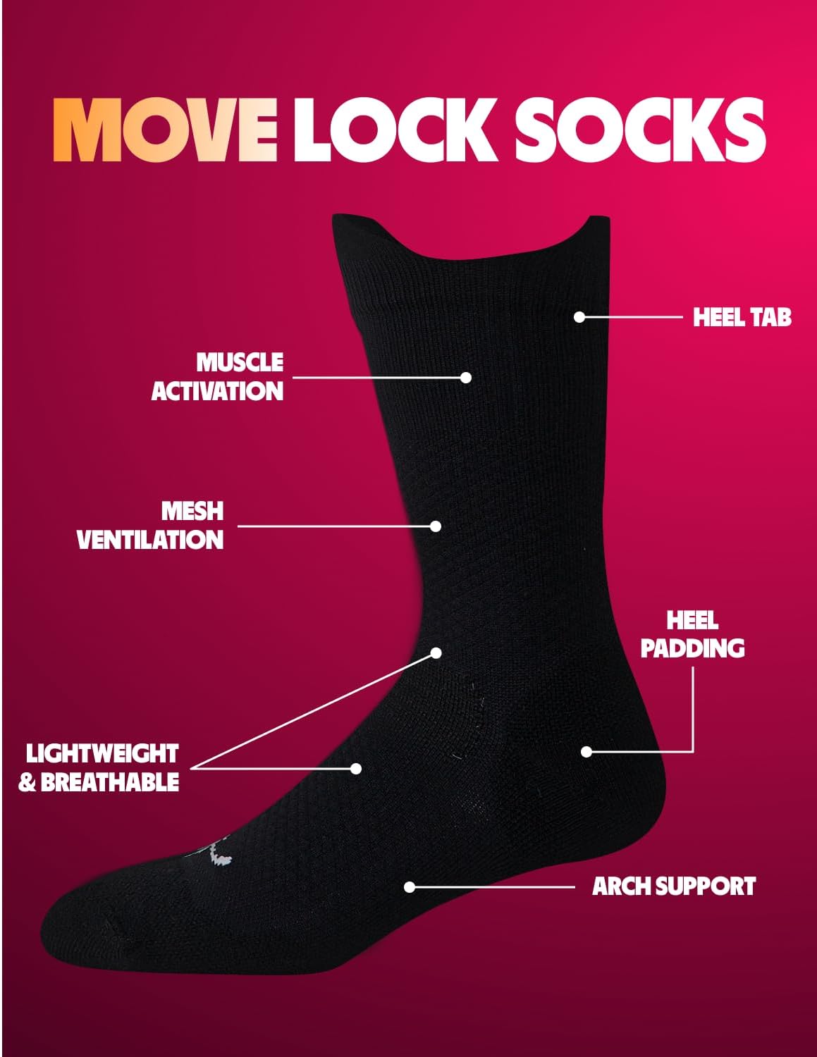 Move Compression Socks for Basketball & Running 25-35mmHG - Sports Crew socks with Shock Absorption, Anti-Blister, Moisture Wicking