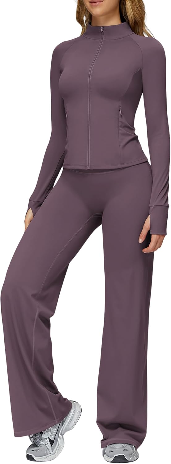 2 Piece Workout Sets for Women Compression Padded Zip Up Jacket Seamless High Waist Flare Leggings Jogger Outfits