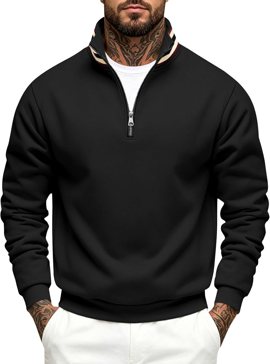 Men Contrast Collar Quarter Zip Knit Polo,Regular Fit Golf Pullover