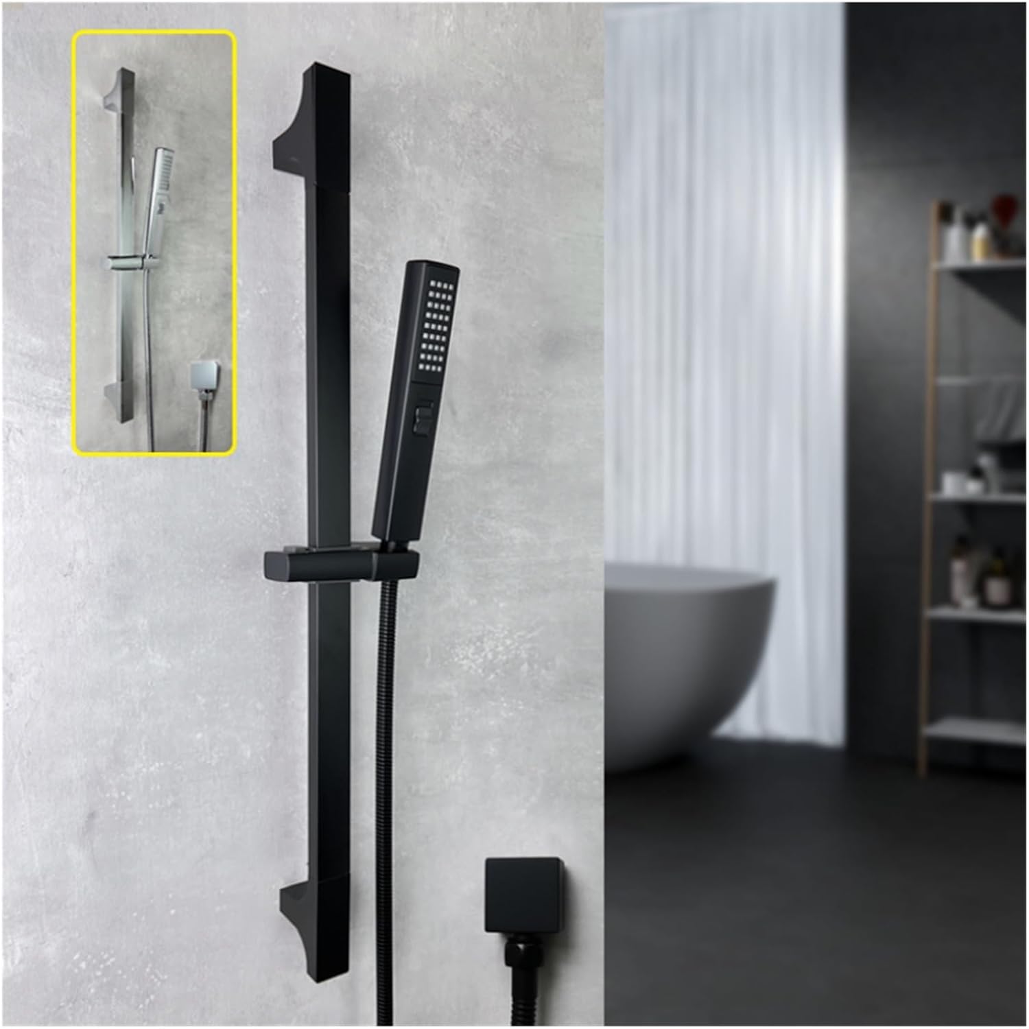 ABS Hand Shower Slide Bar Set, 2 Function, Adjustable Bracket with Brass Connector, Matte Black Chrome (Color : Black Set)