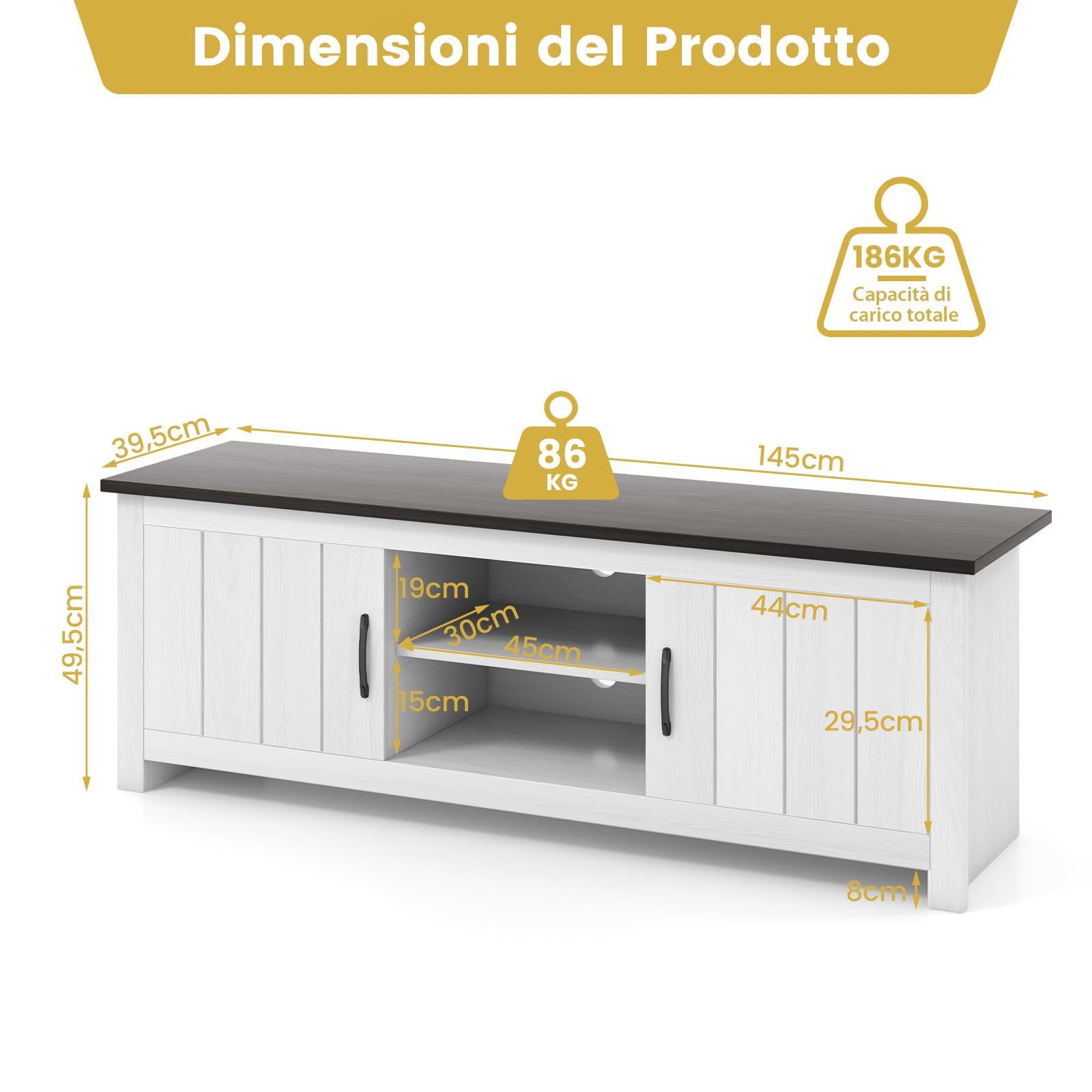 COSTWAY Mobile TV con 2 Ante per TV fino a 65", Mobile Porta TV in Legno con Ripiani Aperti, Mobile per TV in Legno per Soggiorno, 145 x 39,5 x 49,5 cm (Grigio Scuro)