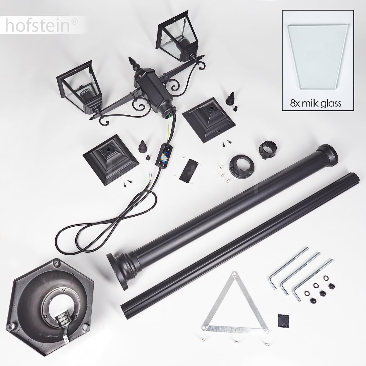 Lampa zewnętrzna Naofe, oświetlenie ścieżki z metalu/szkła w kolorze czarnym/mlecznym szkłem, kandelabr o antycznym wyglądzie, wysokość maks. 220 cm, oświetlenie ogrodowe IP44, 2 x E27, bez żarówki