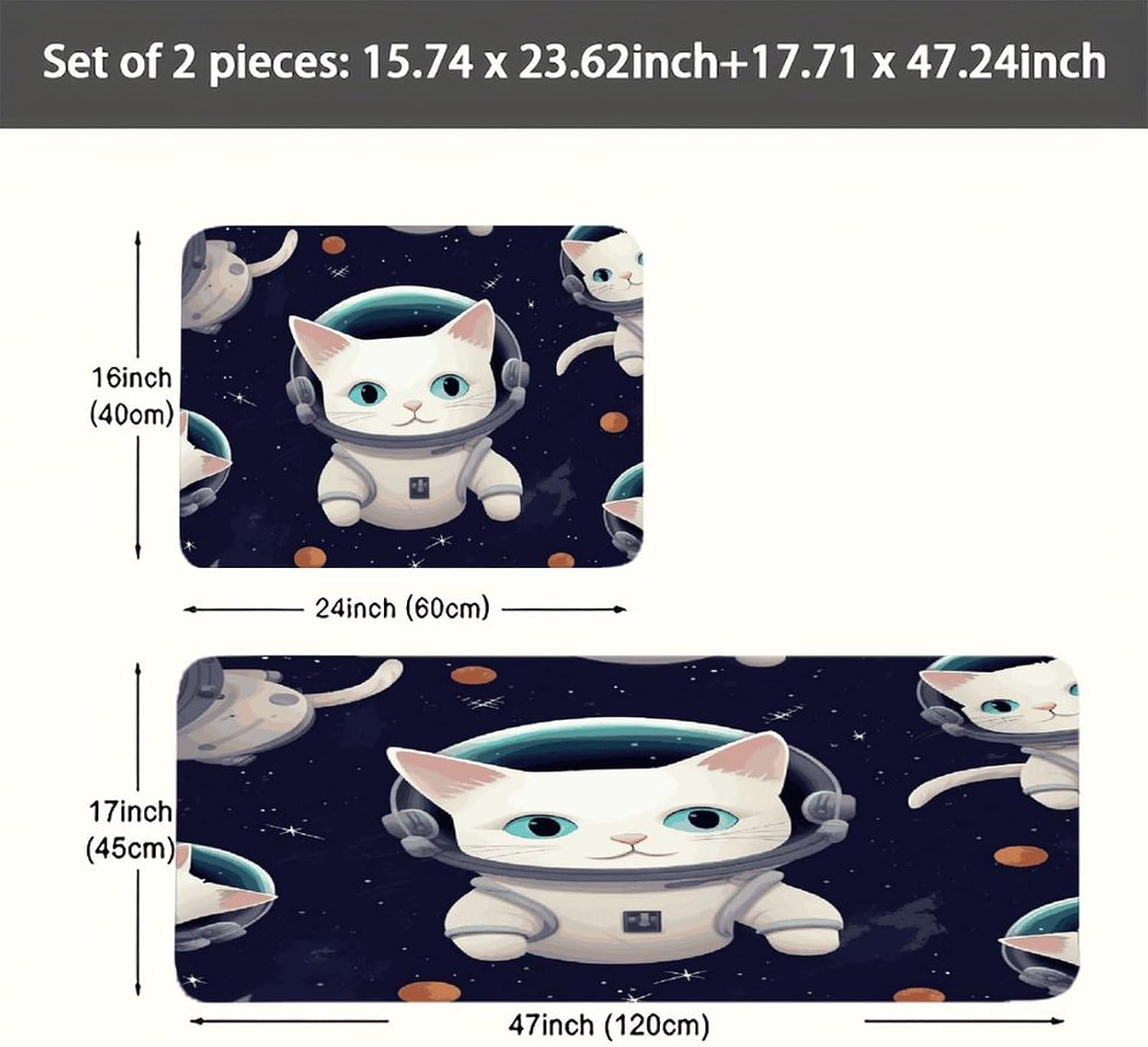 Fun Cat Astronaut Kitchen Mats with 2PCS Non-Slip Washable,Kitchen Rug Heavy Duty Durable, Floor Mats for Kitchen,Office,Sink,Laundry