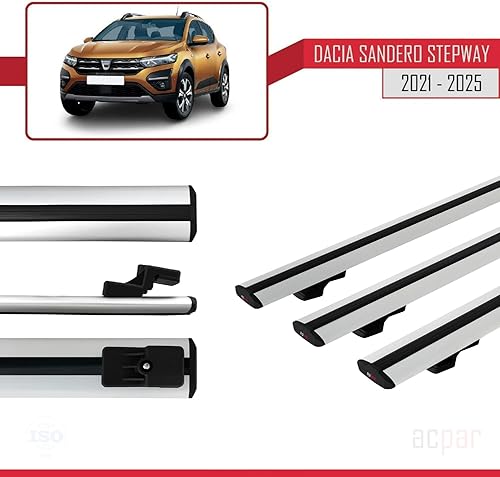 Miniatura 3 de Compatible with Dacia Sandero Stepway 3 2021-2025 Basic Model Car Roof Rack Cross Bar Grey Aluminium 3 Bars