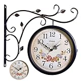 Wanduhr, doppelseitige Außenuhr mit Halterung, wasserdichte Metall-Gartendekoration, ideal für den Innen- und Außenbereich