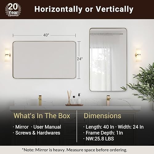 Miniatura 4 de ANDY STAR Espejo de pared para baño, espejo de baño dorado de 24 x 40 pulgadas, marco de metal de acero inoxidable con esquina redondeada, panel de