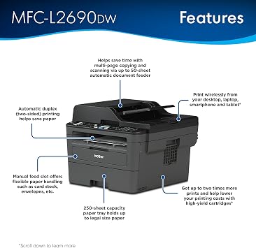 Brother Premium MFC-L2690DW Compact Monochrome All-in-One Laser Printer