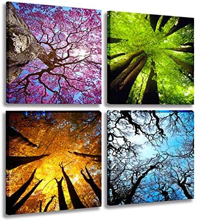 MESESE Art 4 Panels Canvas Print Wall Art Spring Summer Autumn Winter Four Seasons Landscape Color Tree Painting Pictures Prints Nature Forest Artwork Stretched and Framed for Bedroom Living Room Home Decorations