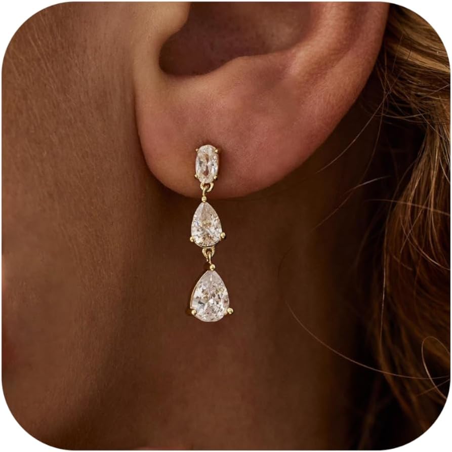 Ewrkbr Dangle Earrings for Women, Elegant Wedding Earrings 14K Gold Plated Long Cubic Zirconia Drop Earrings for Women Trendy Dainty Bridal Earrings Cute Dangly Wedding Jewelry