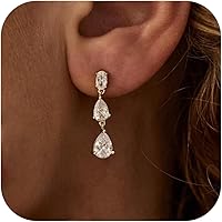 Ewrkbr 14K Gold Plated Cubic Zirconia Dangle Earrings for Women - Elegant Long Drop Wedding Bridal Jewelry