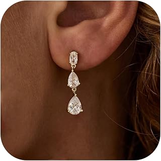 Ewrkbr 14K Gold Plated Cubic Zirconia Dangle Earrings for Women - Elegant Long Drop Wedding Bridal Jewelry
