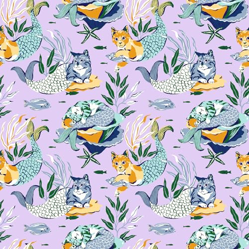 NuWallpaper x Printfresh Meowing Mermaids Lavender Peel and Stick Wallpaper, PFS6392