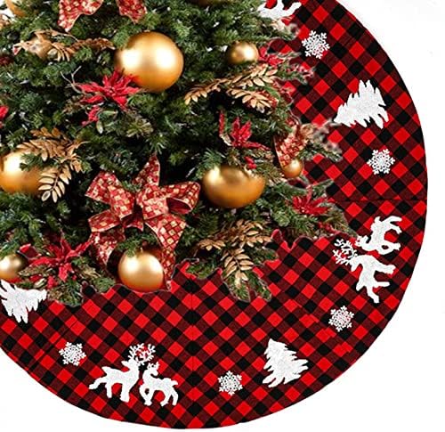 Christmas Tree Skirt 48 Inches Buffalo Plaid Red and Black Tree Skirts Reversible Farmhouse Tree Mat Double Layers Xmas Tree Skirts with Reindeer Snowflake Tree Xmas Decorations