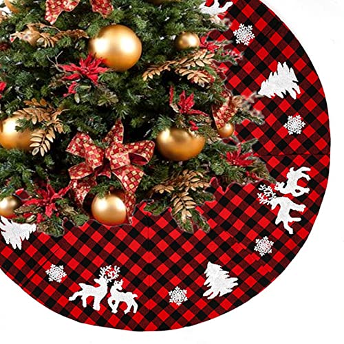 Christmas Tree Skirt 48 Inches Buffalo Plaid Red And Black Tree Skirts Reversible Farmhouse Tree Mat Double Layers Xmas Tree Skirts With Reindeer Snowflake Tree Xmas Decorations #TOP2