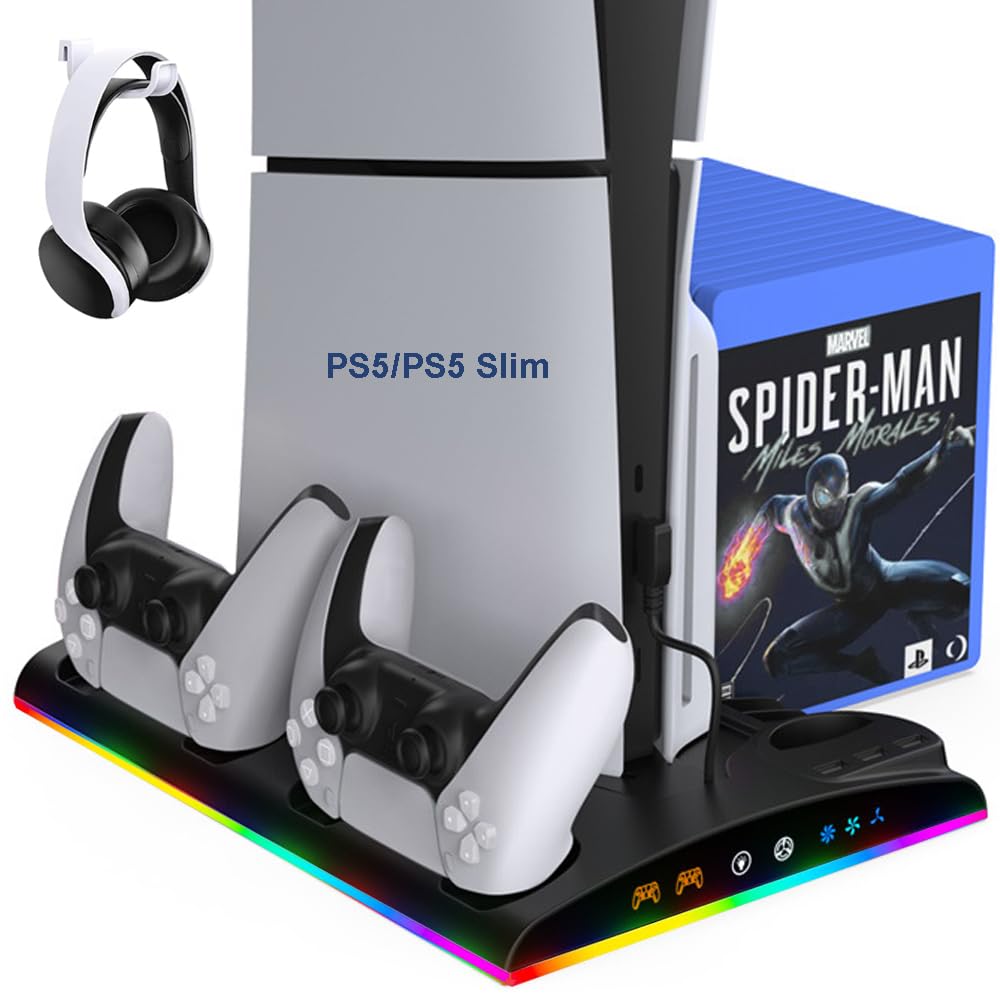 Support pour PS5/Slim - Ventilateur de Refroidissement à 3 Vitesses avec Chargeur Manette, Indicateur LED, 3 Ports USB et 13 Emplacements de Jeu