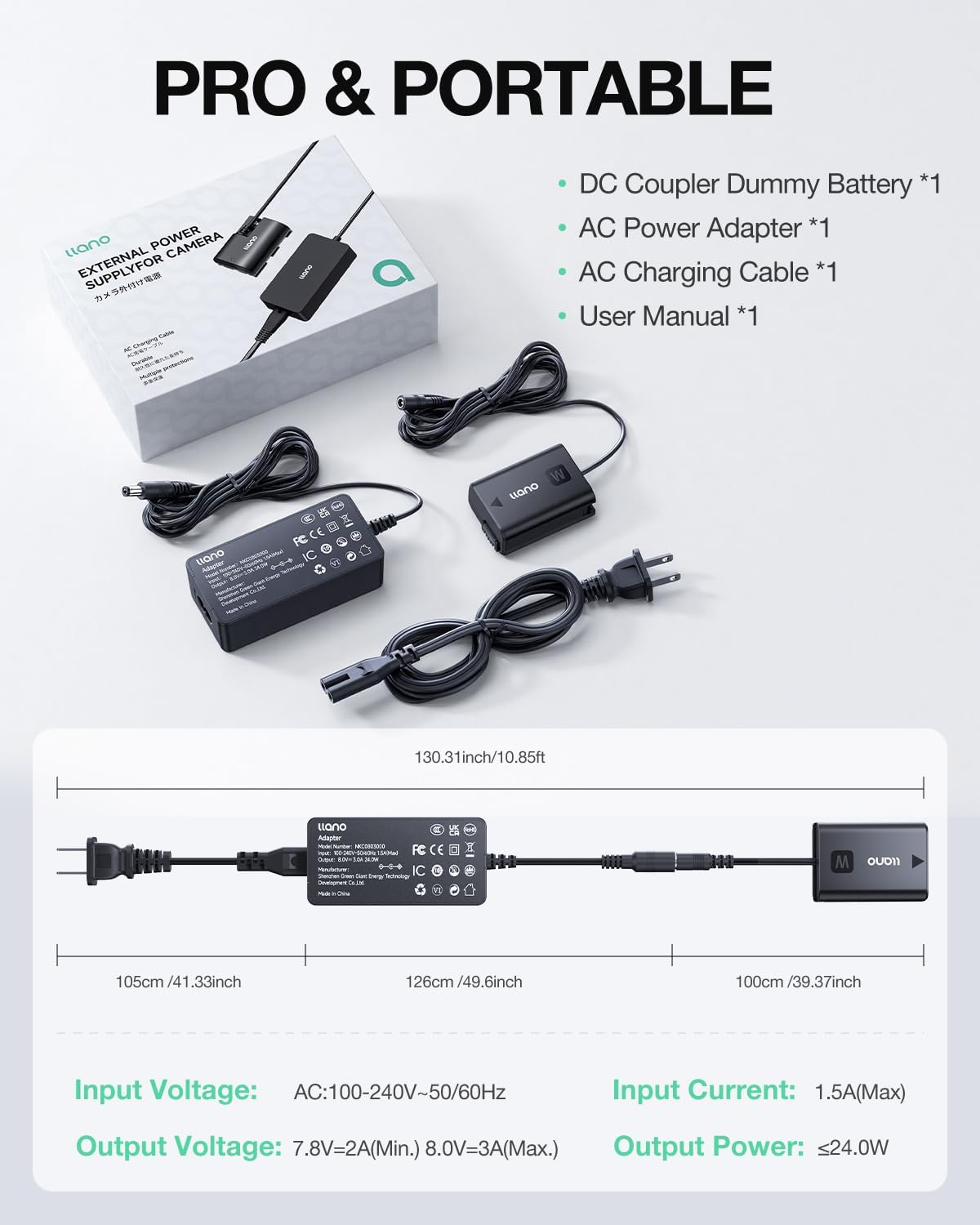 llano NP-FW50 Dummy Battery AC Power Adapter Kit for A6000 A6400 ZV-E10 A7II A6100 A6500 A6300 A7 A7R A7RII A7S A5000 A5100 Continuous Power Supply for Studio Shoots