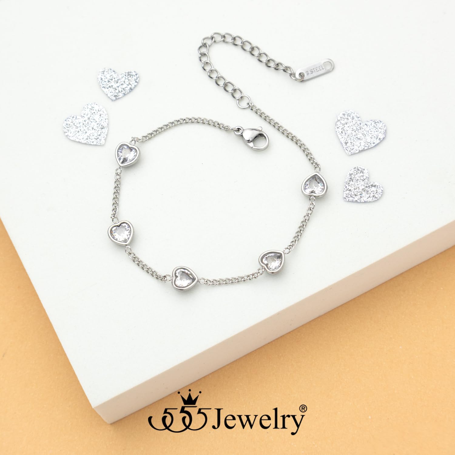 555Jewelry Heart Cubic Zirconia Stainless Steel Chain Bracelets for Women Adjustable Cuban Link Chain Bracelet Heart Charm Dainty Friendship Bracelet - Image 6