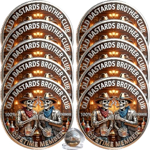 Old Bastards Brotherhood Coin Funny Old Bastards Brother Club Challenge Coin for Men Cowboy Skeleton Whiskey Commemorative Coin Lifetime Member Novelty Token Brotherhood Gift for Friends (10PCS)