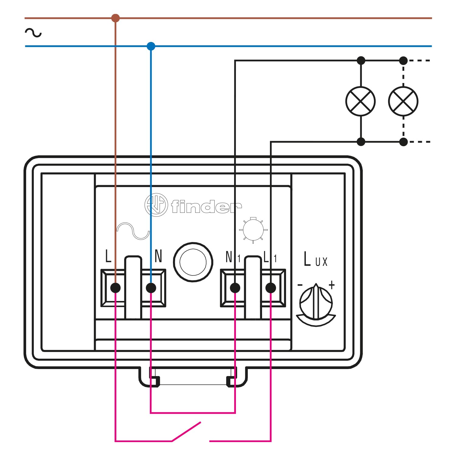 Finder Interruttore Crepuscolare Tipo 10.41. Relè per accensione lampade in funzione del livello di luminosità dell'ambiente. Con 1 contatto NO 16 A. Interruzione unipolare (L)