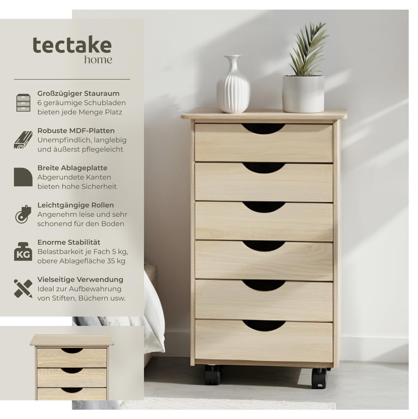 tectake® Rollcontainer mit Schubladen, Schubladenschrank 6x Schublade, mit Rollen, Büro Organizer, Schreibtisch Schrank, Rollwagen Unterschrank, Aufbewahrungsschrank Office - Holz hell, Eiche Sonoma