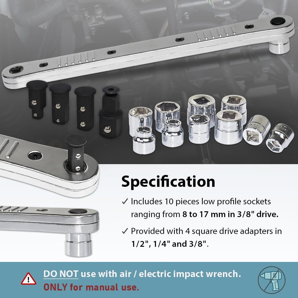 FIRSTINFO F32291C Max. Torque 130 Nm(96 ft-lb.) Offset Extension Wrench and Low Profile Socket Set with 8mm to 17mm 3/8" Sockets + 1/2 Inch, 1/4 Inch, and 3/8 Inch Square Drive Adapters