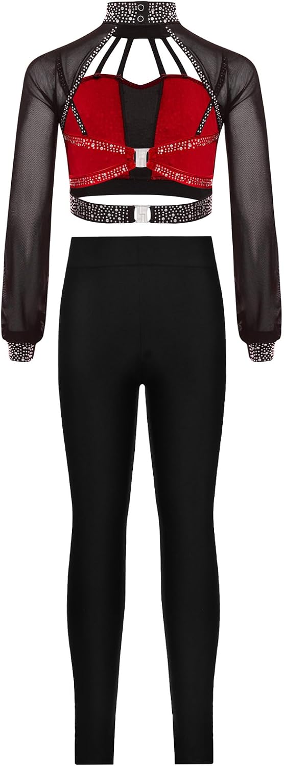 Linjinx Kids Girls Shiny Rhinestone Long Sleeve Crop Top with Figure Skating Dance Leggings Pants Set for Performance Red 16 Years