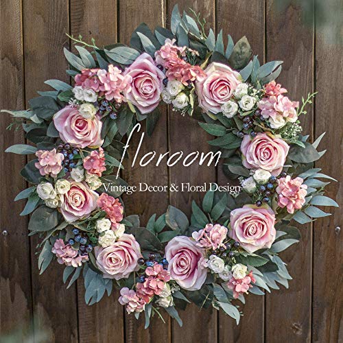 Floroom Floral Wreath, Door Wreath, 20'' Artificial Blush Rose Pink Hydrangea Wreath For Front Door, Front Door Decorations Wall Decor #TOP27