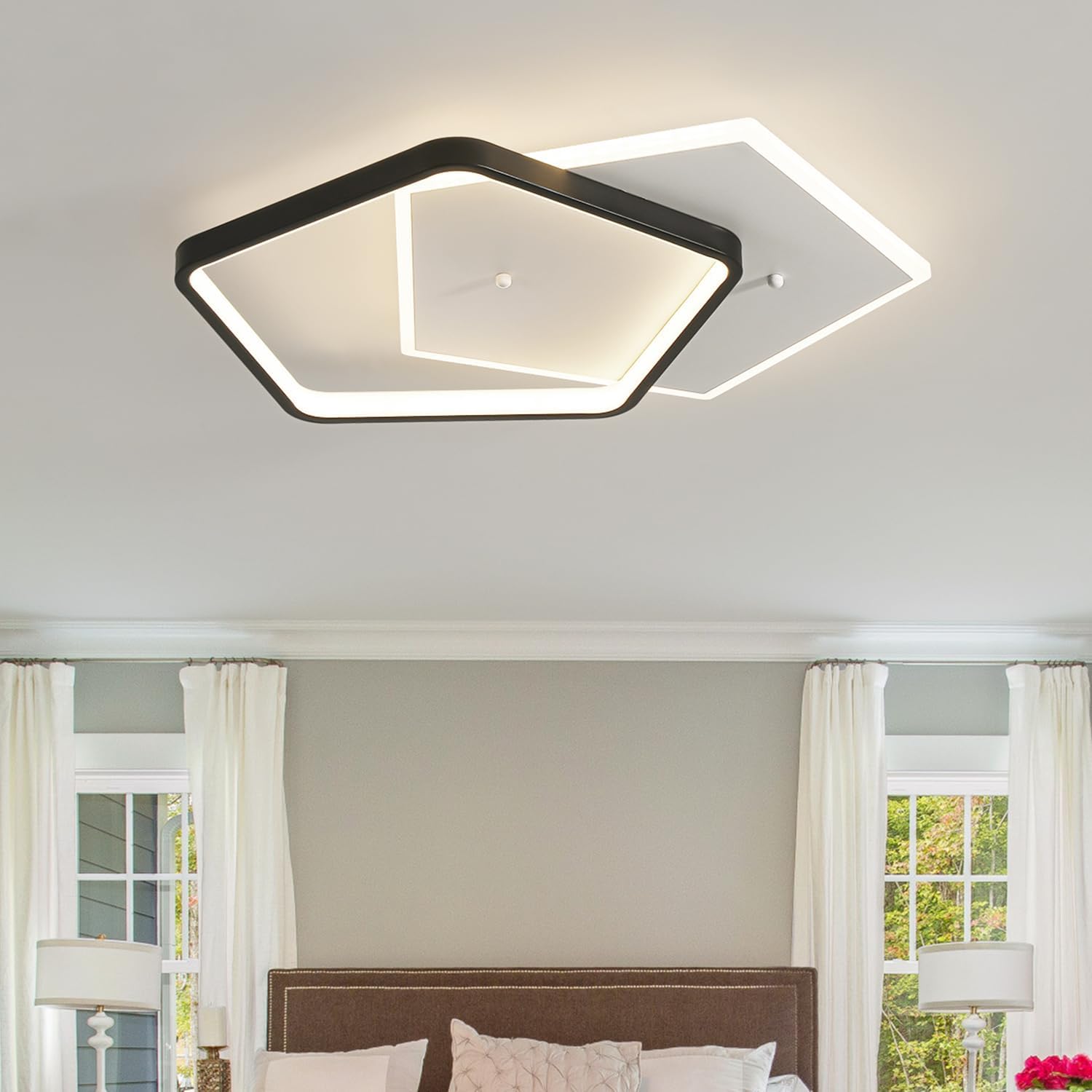 Modern LED Ceiling Light Fixture Dimmable Black Flush Mount Ceiling Light 20.08" Bedroom Ceiling Lamp with Remote Control Pentagonal Ceiling Light for Kitchen,Entryway,Balcony,Wardrobe
