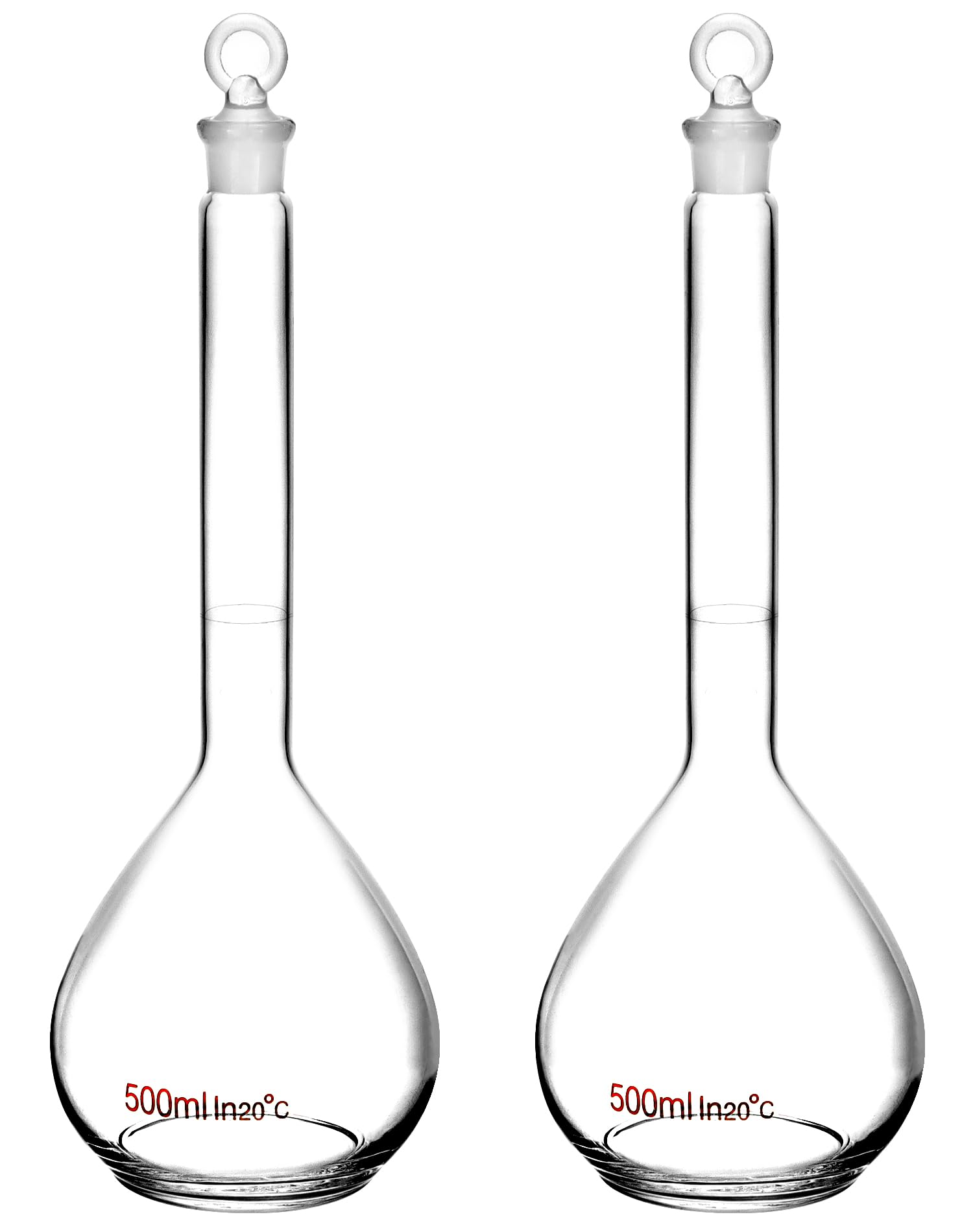 QWORK Frasco volumétrico de 500 ml con tapón de vidrio, vidrio de borosilicato alto 3.3, 2 unidades