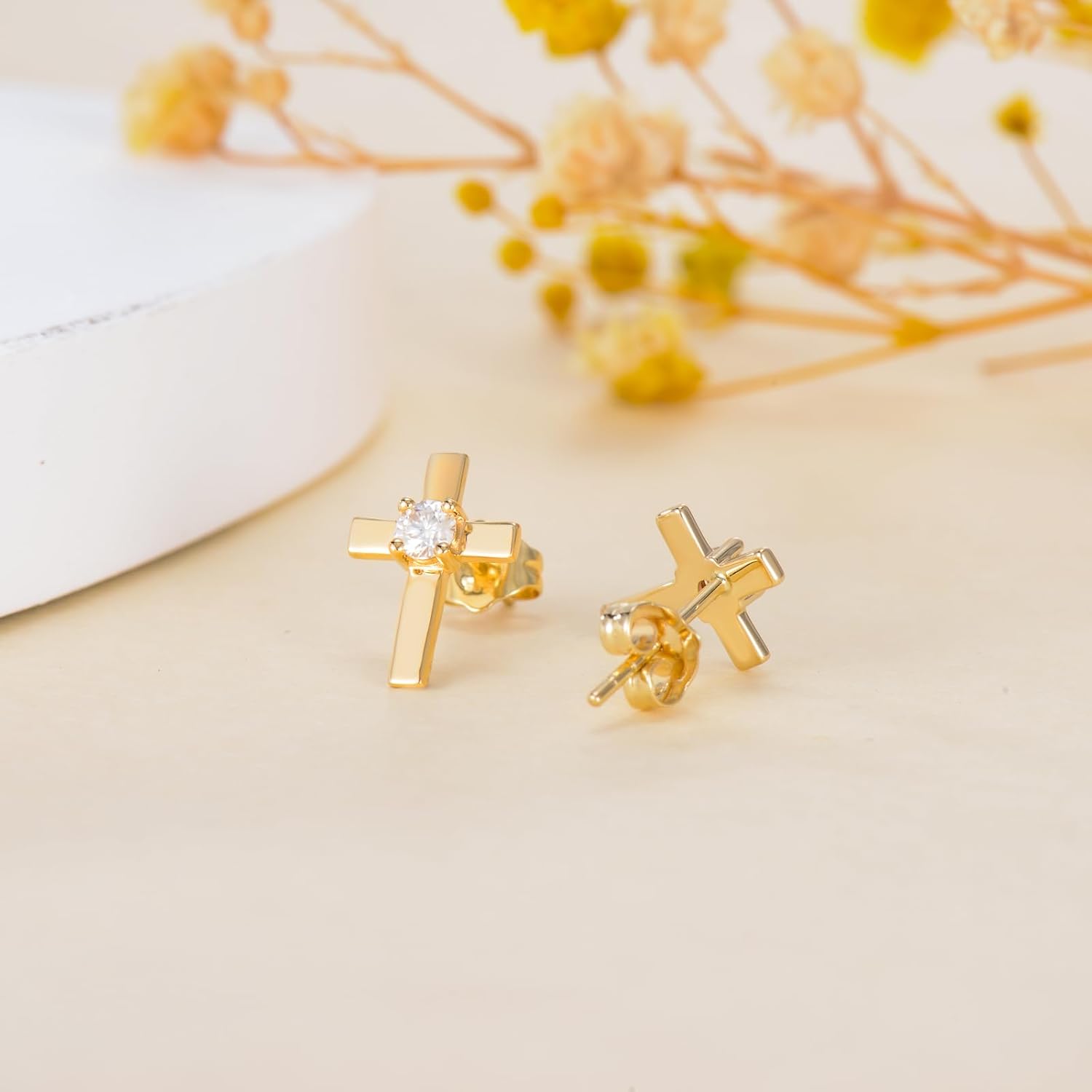SISGEM 14k Gold Created Moissanite Cross Stud Earrings for Women, Real 14kt Gold Religious Earrings for Her